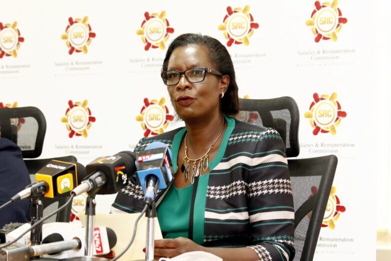 Salaries and Remuneration Commission(SRC) Chairperson Lyn Mengich at the commission's offices in Nairobi on July 1, 2023, during a press briefing.